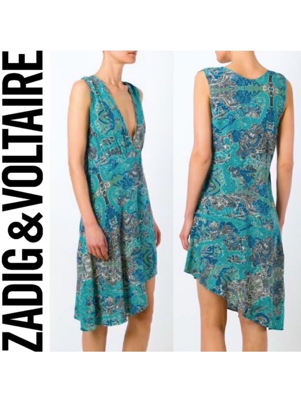 Zadig & Voltaire Root  Asymmetrical Dress Teal Blue Plunge V-neck
